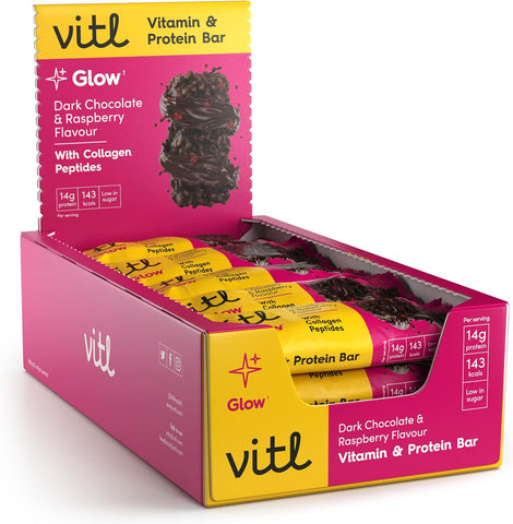 Vitl Glow Bar Dark Chocolate & Raspberry 15 x 40g - Out of Date